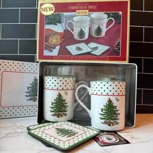 Spode Christmas Tree Polka Dot 5-Piece Mug Coaster Tin NIB